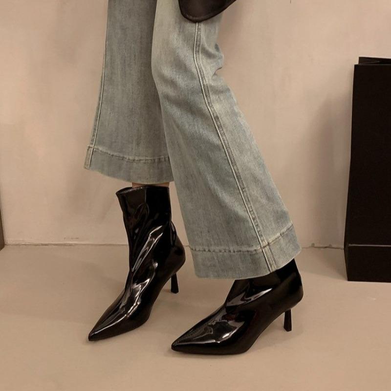 Women's Pointed Toe Patent Leather Booties 2026 Spring and Autumn New Slean Skinny Heel Naked Boots