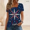 Women Plus Size Short Sleeve U Neck T Shirt Shiny Multi Pointed Star Red Blue Silver Print Top