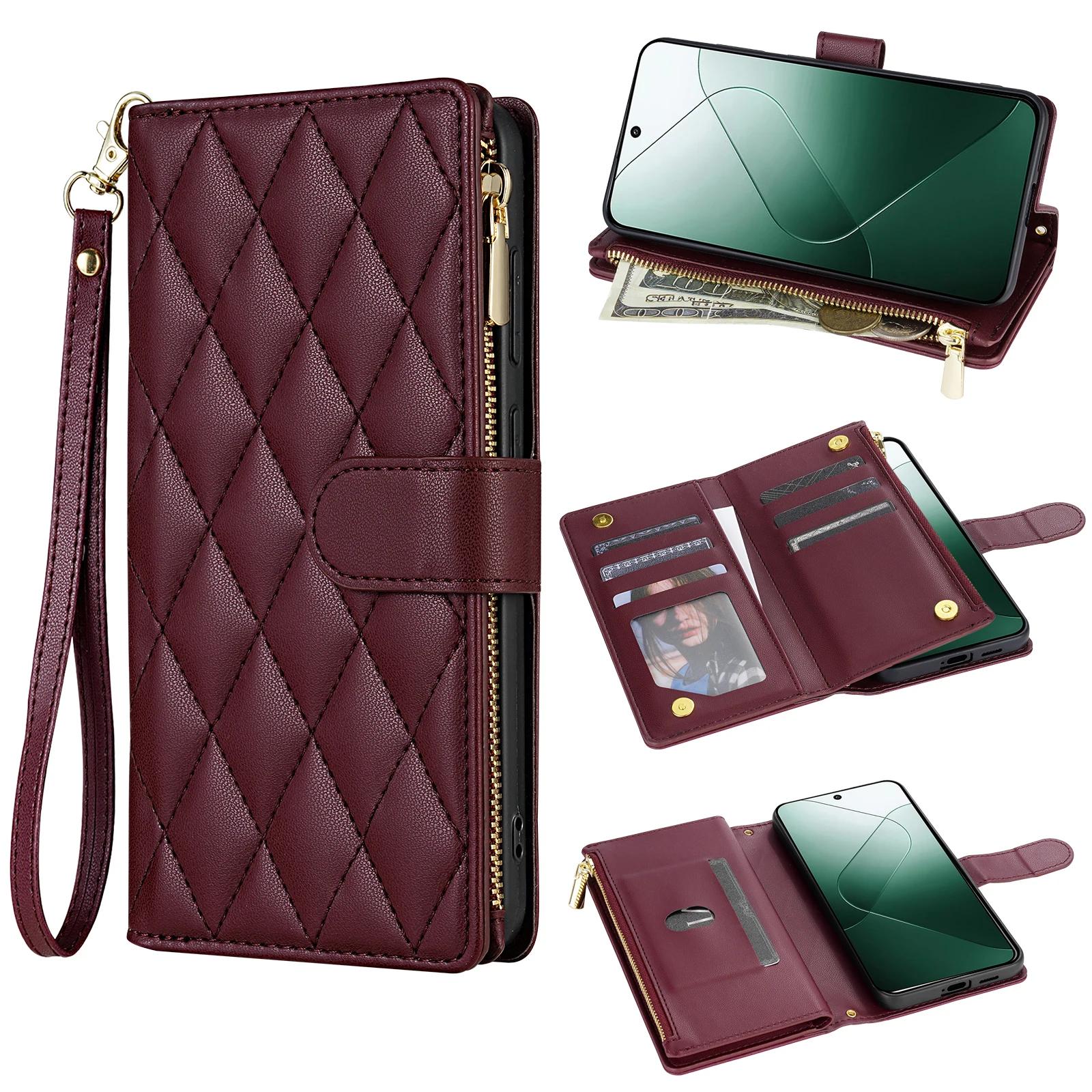 

Crossbody Cards Solt Leather Wallet Flip Book Case For Xiaomi Redmi Note 13 Pro Plus 12 11 13C 13T POCO X6 5G Shoulder Strap For POCO X6 5G вина червоного кольору