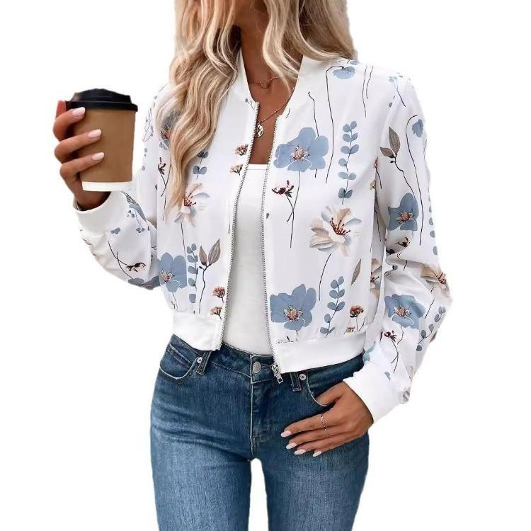 Elegant Women Casual Floral Print Cropped Jacket Long Sleeve Zippered Coat Autumn Winter Outerwear