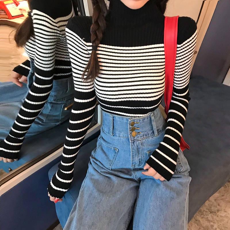 Autumn and Winter Retro Striped Sweater High Collar Pullover Head Hundred Long-sleeved Knitted Sweater Female Slim Thin Bottoming Shirt Top