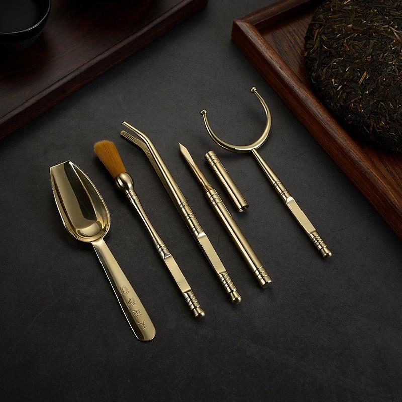 Brass Tea Ceremony Tools Set 5-Piece Grooming Kit Gongfu Brewing With Spoon Tongs Brush Knife Fork
