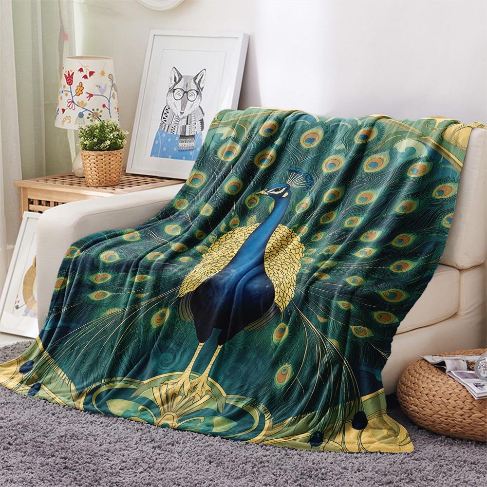 Peacock with Fanned Tail Print Flannel Blanket, High quality Comfortable for All Seasons, Home Decor, Warmth and Comfort