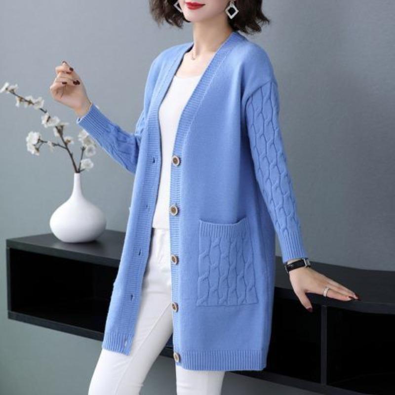 Large Size Cardigan Sweater Women's Mid-length Loose Thick Spring and Autumn Women's Outer Knitted Jacket