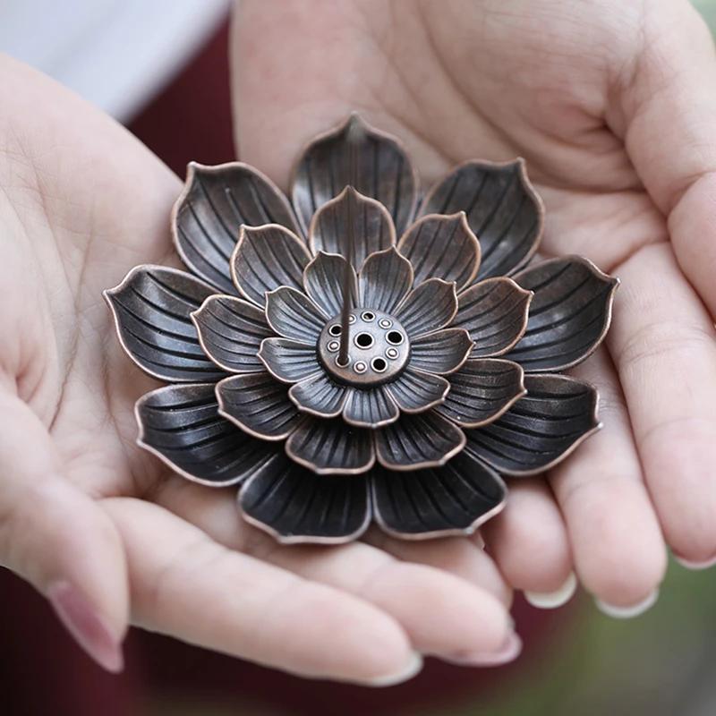 Alloy Lotus Incense Burner Stick Holder Buddhism Zen Line Plate Sandalwood Coil Base Temples Yoga Studios Home Decoration