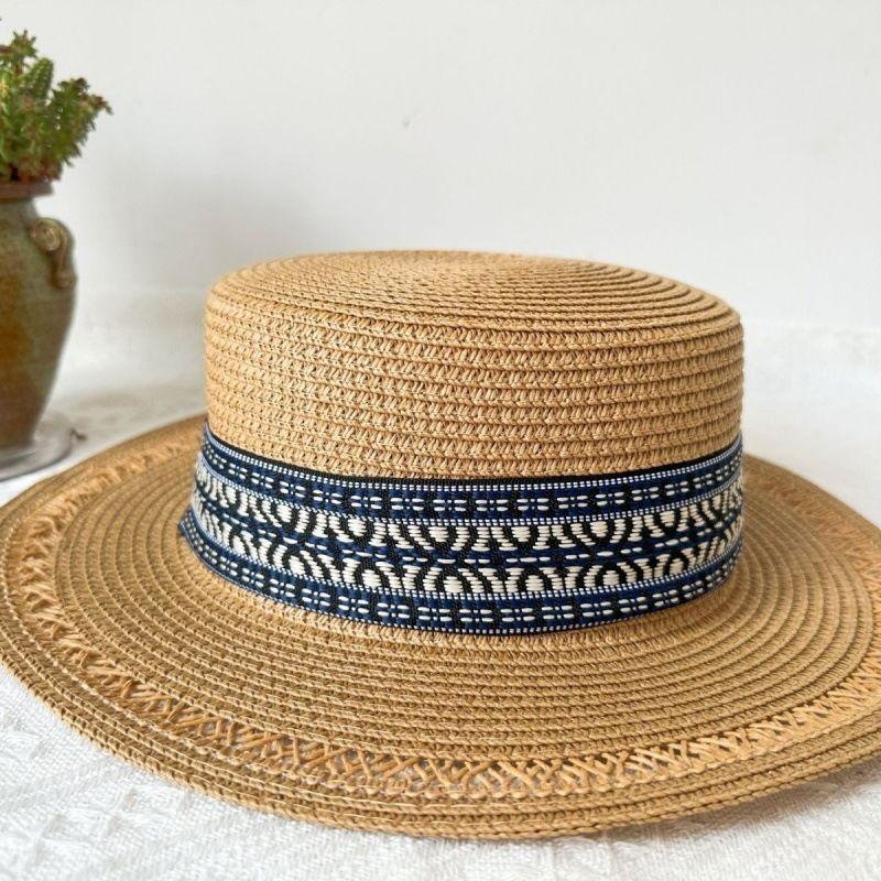 Spring and Summer Hat Ethnic Style Hat Summer Hat Republic of China Style Retro Internet Celebrity Flat Top Weaving Retro Summer Hollow