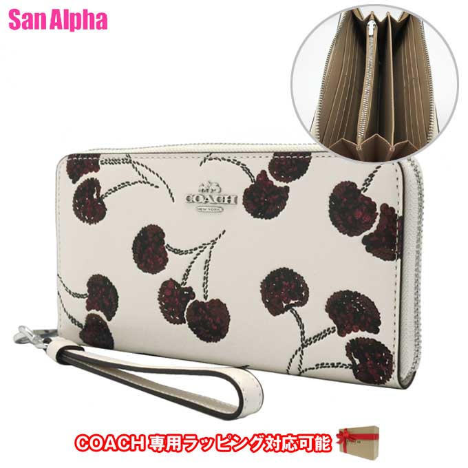 

Coach long wallet cherry print zip-around design strap. Color chalk multi-color.