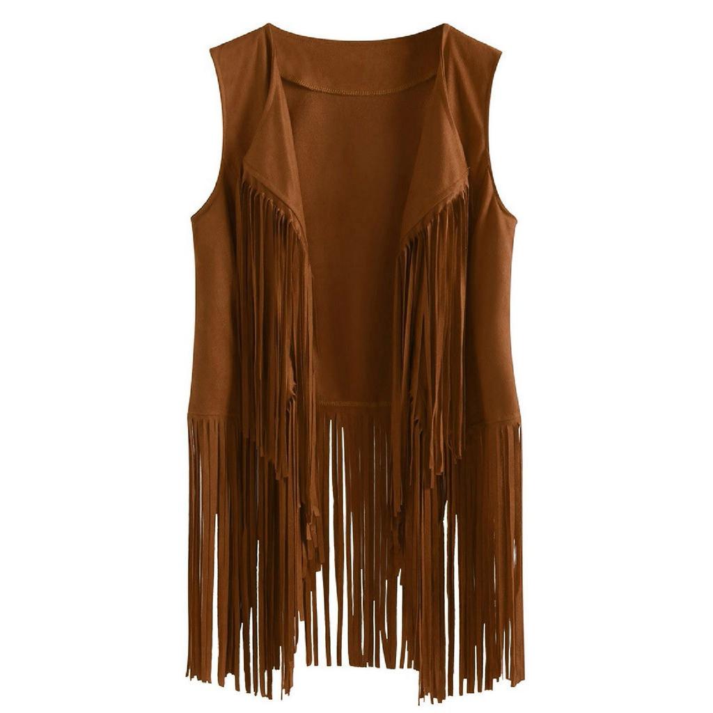 Women Fashion Autumn Winter Suede Ethnic Sleeveless Tassels Fringed Vest Cardigan