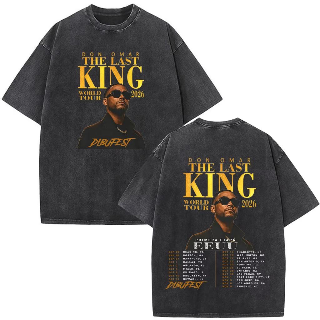 Rapper Don Omar The Last King Tour 2026 Stampa Vintage Lavata T-shirt Uomo Donna Moda T-shirt Leggere Traspiranti e Comode