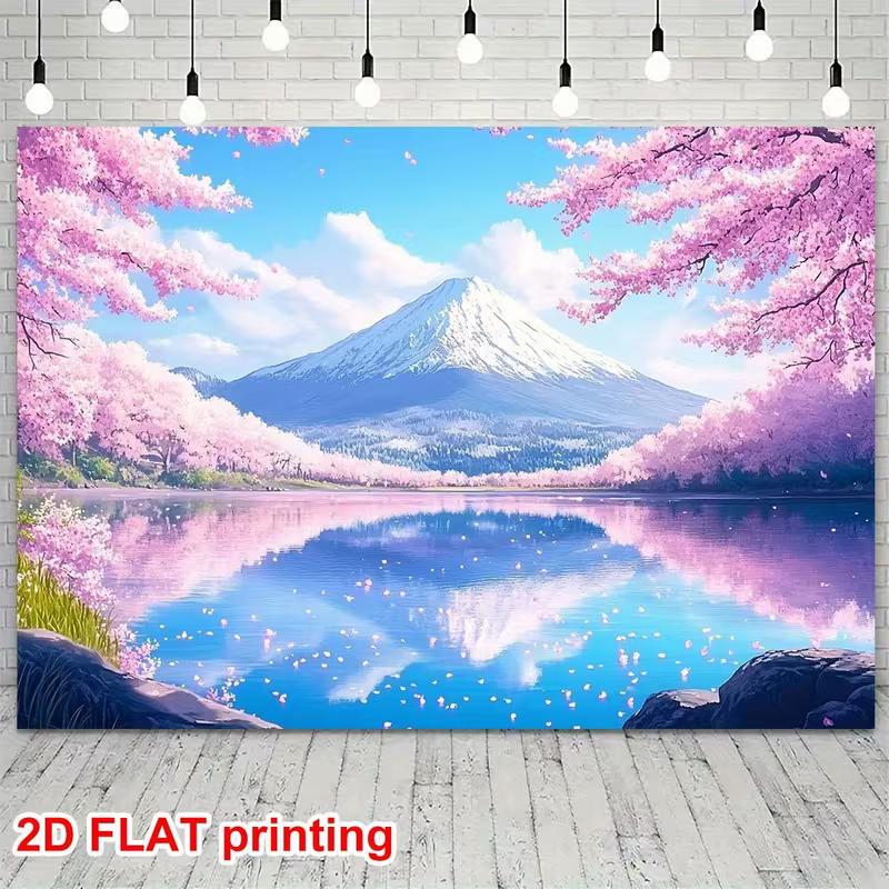 2D Mount Fuji Cherry Blossom Lake Backdrop, 2D Spring Scenery Decor