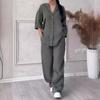 2025 European & American Women's Casual Cotton & Linen Loose Top and Wide-Leg Pants Set