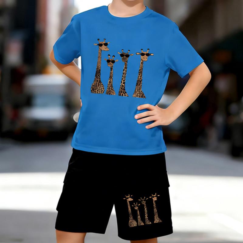 Boys 2 Piece Cartoon Giraffe Printed Outfit, Short Sleeve T-Shirt and Shorts Set for Kids Age 5-14,Black ,White Sporty Casual Summer Clothes
