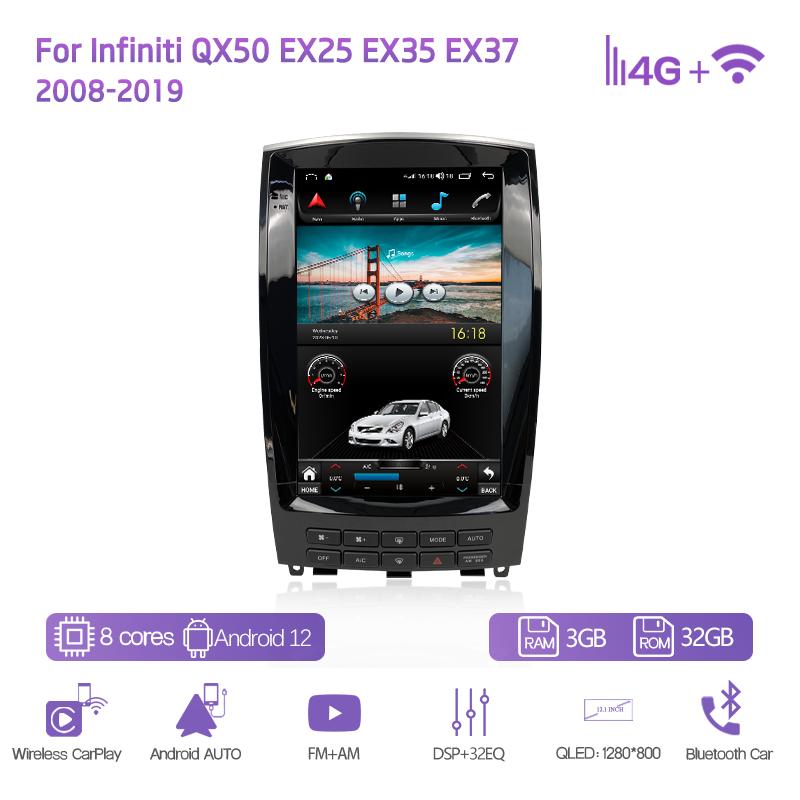 12.1 "Android12 For Infiniti QX50 EX25 EX35 EX37 2008-2019 GPS Navigation 8Core CarPlay 4G 360Camera Car Multimedia Video Player