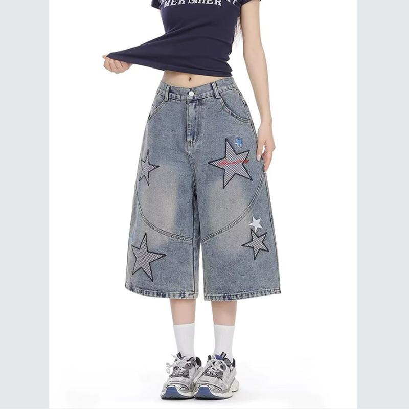 American retro star printed denim shorts men's spring and summer new trendy brand old washed loose wide-leg cropped pants