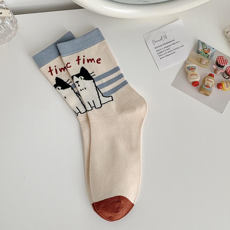 Japanese Style Cartoon Kitten Mid-Calf Socks, Women's Graffiti Sport, Spring/Autumn Korean College Fashion