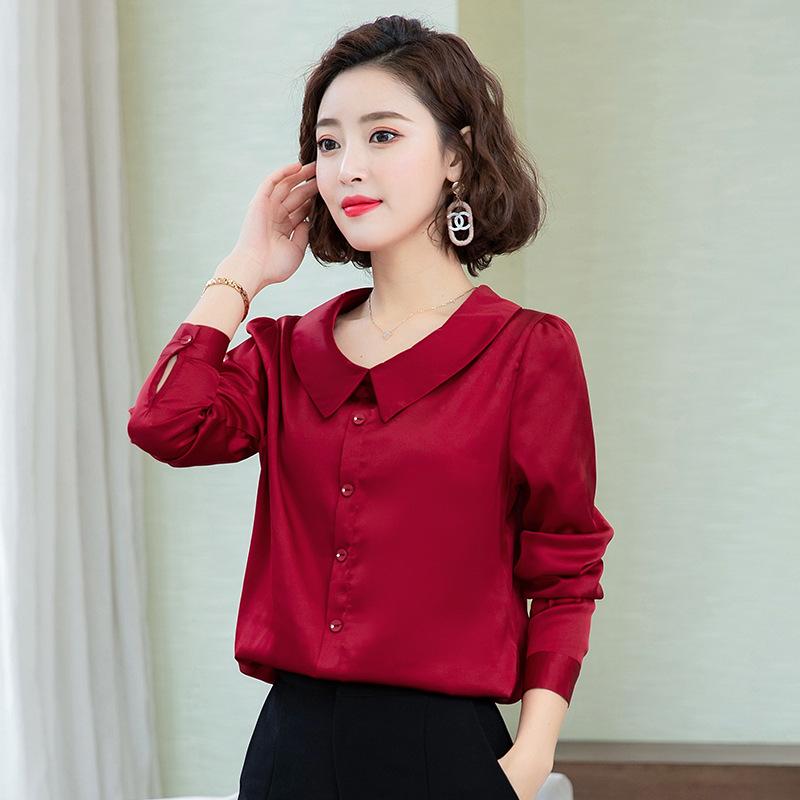 

Новая осенняя рубашка с длинными рукавами из сатина с кукольным воротником для женщин, красная универсальная модная рубашка 3XL