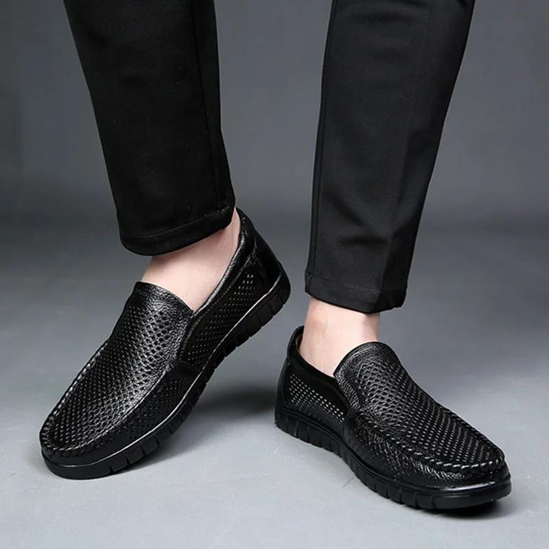 Genuine Leather Shoes Men Loafers Breathable Summer Mens Casual Shoes Soft Holes Comfortable Leather Male Footwear