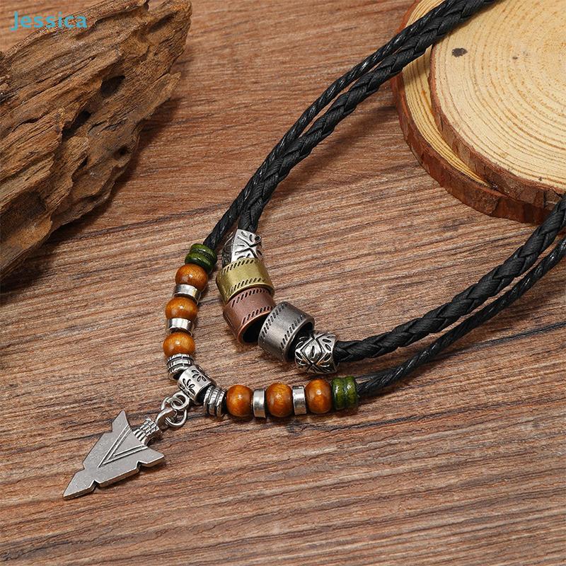 Vintage Arrow Pendant Layered Necklace - Black Braided Leather Chain with Mixed Beads,Retro Boho Style Jewelry for Men/Women