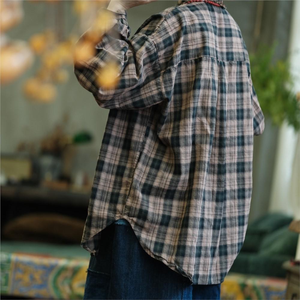 Johnature Women Vintage Plaid Shirts Tops Turn-down Collar Long Sleeve Autumn Button Pockets Female Blouses