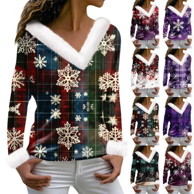 Women's Fashion Long Sleeve Christmas Printed Party Plush V-Neck Casual Top