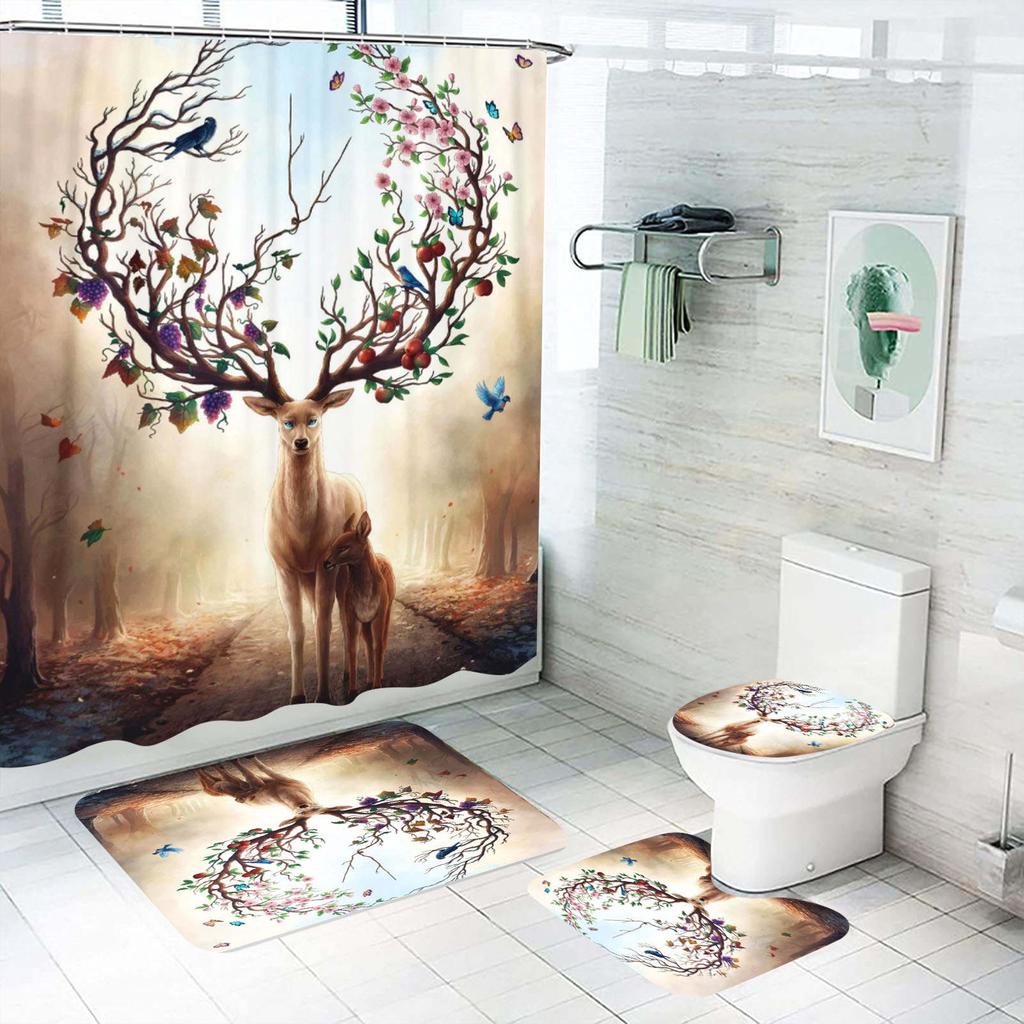 Cartoon Deer Animal Giraffe Shower Curtain Bath 4 Pcs Set Cute Luxury Accessories Sets Full Mats Gifts for Boys Girls