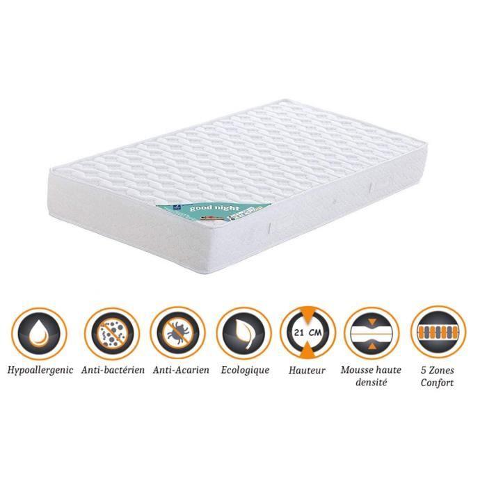 Matelas 90x190 x 21 cm - Très Ferme - Aertech+ 35 Kg-m3 HR Haute Densité - Hypoallergénique - 5 Zones de Confort