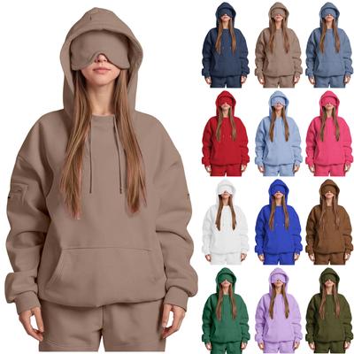 Uniseks Kapüşonlu Sweatshirt, Dahili Göz Maskeli, Günlük Uzun Kollu, Düz Renk Spor Kazak, Bol Kesim Sweatshirt