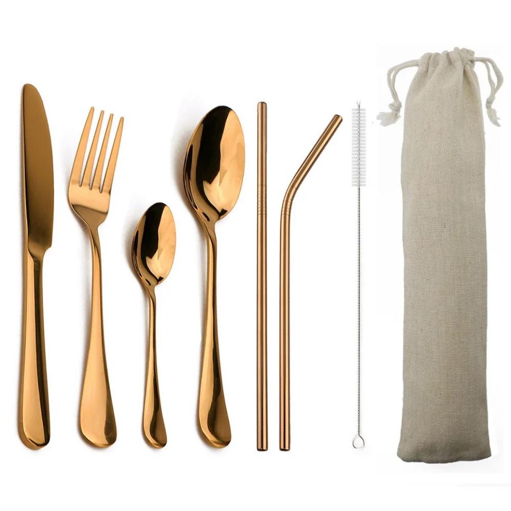 4-teiliges blaues Geschirr mit 2-teiligem Metallstrohhalm Edelstahl Buntes Besteck Messer Gabel Teelöffel Silberwaren Besteck