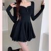 Sexy Solid Knit Dress with Tight Long Mini Square Lolita Short Perfect for Everyday and Dates [SDSXZWG] Women's Fit, Sleeves, Lace, Neck, A-Line,