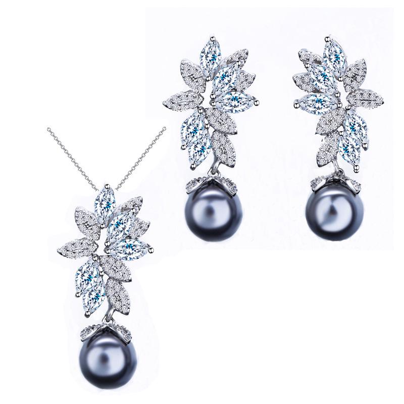 Ki0092 Pure Needle Microencrusted Zircon Shell Pearl Necklace Earrings Set Chain, Female