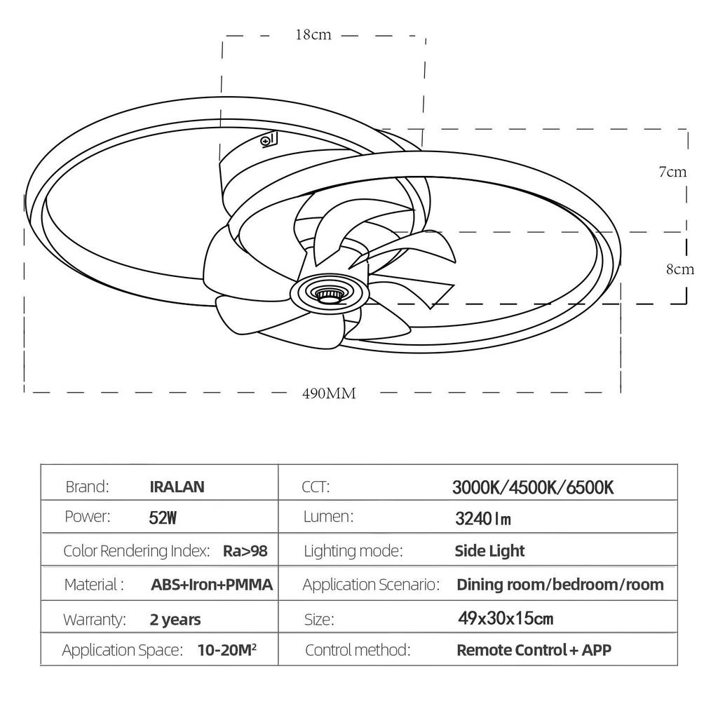 Deckenventilator mit zwei Ringen, LED-Licht und Fernbedienung, 85-265V, App-kompatibel