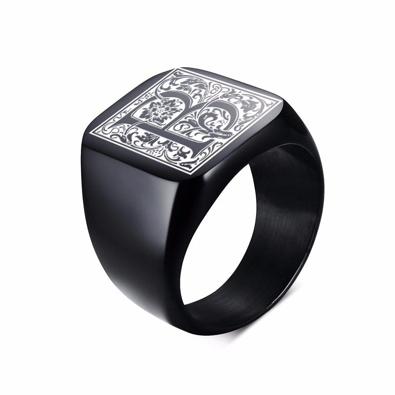 Mens Stamp Ring,Black Stainless Steel Letter Ring Chunky Ring,Rock Punk Jewelry Gift for Him