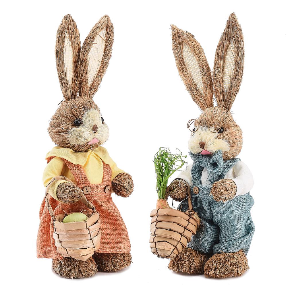 2PCS Bunny Ornaments Rural Style Male Female Rabbit Figurine for Easter Day Home Decoration 35cm