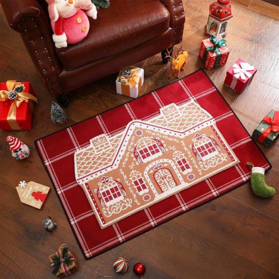 Gingerbread House Christmas Rug Gingerbread Welcome Door Mat Christmas Non Slip Entrance Rug