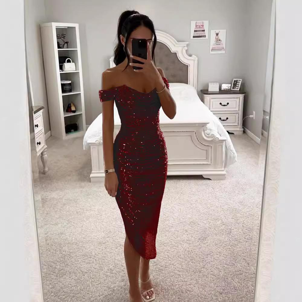 Frühlings- und Herbst-Neues Paillettenkleid, lässiges Mode-Party-Reißverschluss-Damenkleid