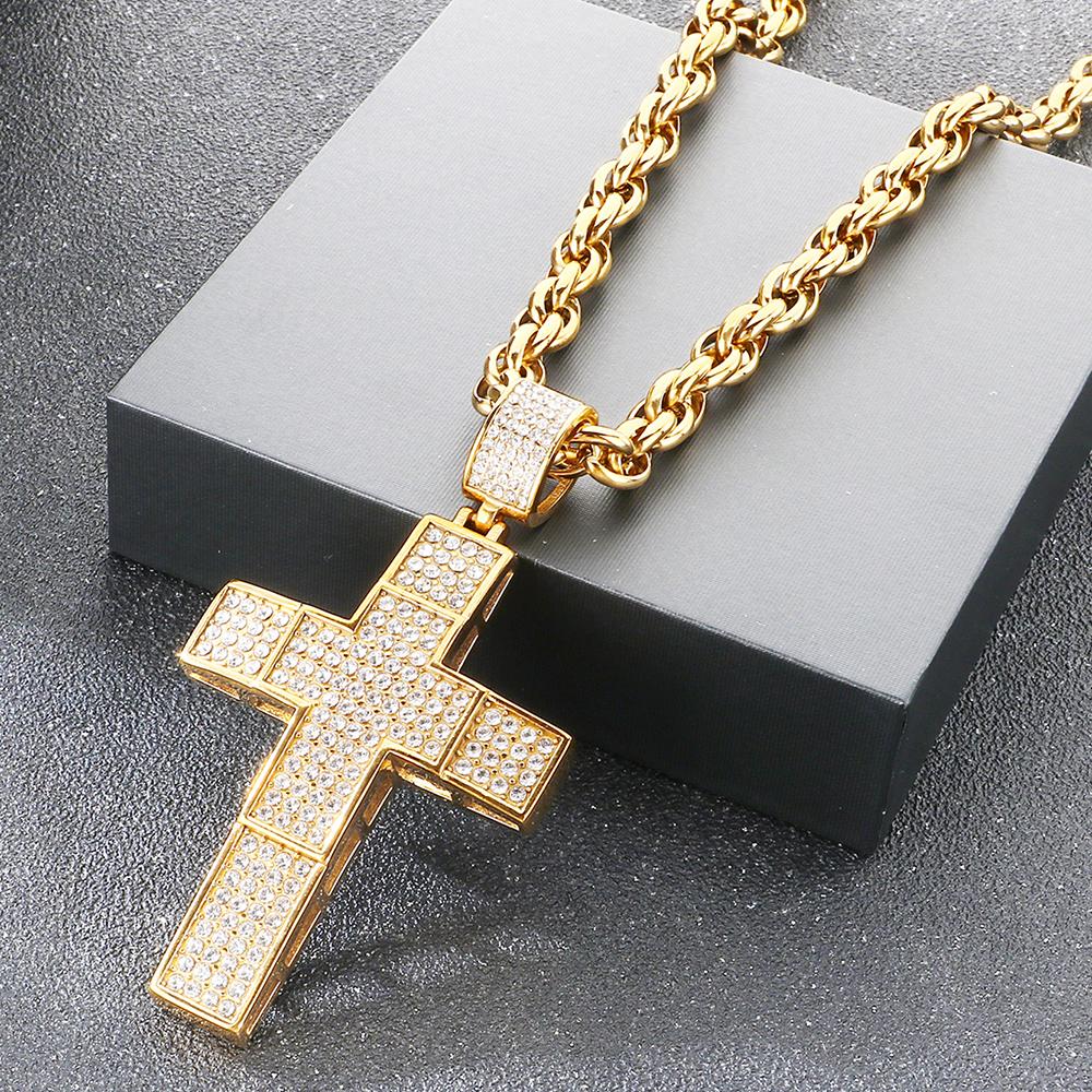 Hip Hop 316L Stainless Steel & Full CZ Cross Pendant Necklace Man Double Layer Hollow Cross Jewelry Gifts Trend Necklaces