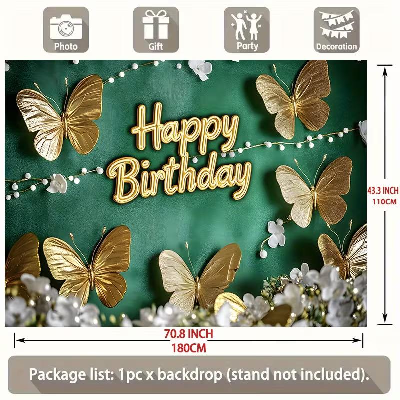 2D Green Gold Butterfly Happy Birthday Backdrop Party Background Banner