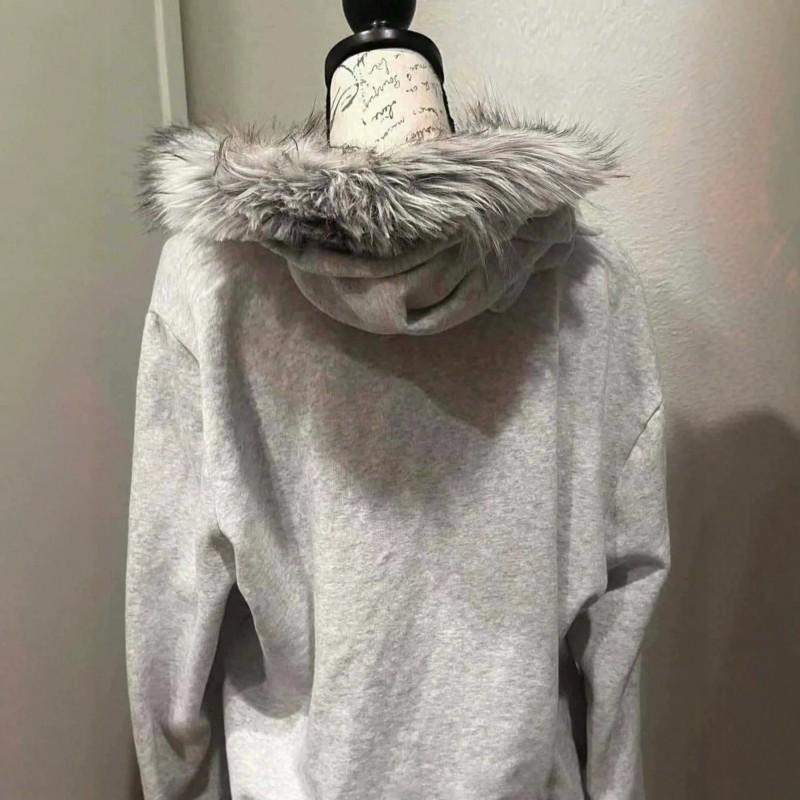 Y2K Streetwear Hooded Zip-Up Cropped Sweatshirt Women With Retro Wing Print Faux Fur Collar