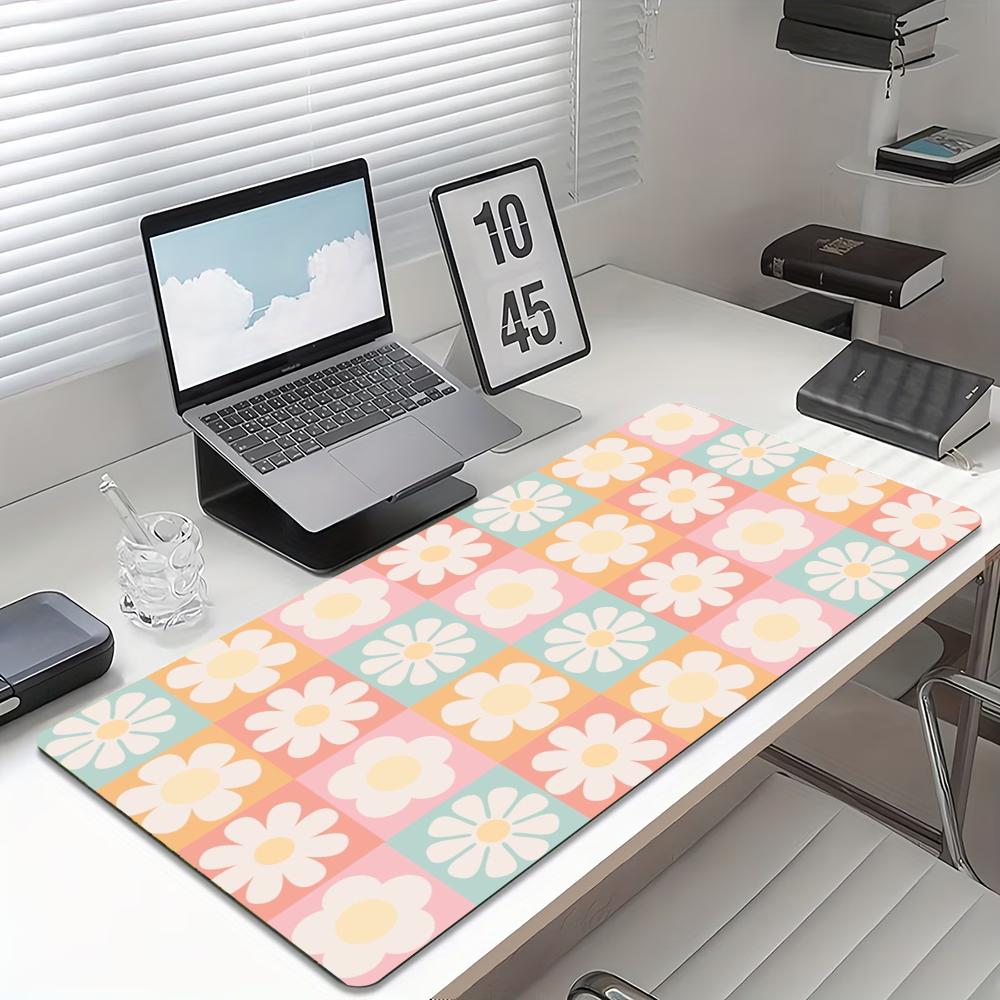 Pastel Checker Daisy Large Extended Gaming Mouse Pad Non Slip Desk Surface Cute Floral Grid Print For Gaming And Office Desktop