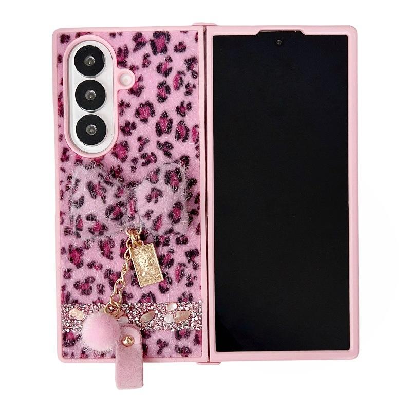 Applicable To Samsung ZFold7 Folding Leopard Print Mobile Phone Case, Bow Plush Hand Rope Zfold6/5 Japanese and Korean Protective Case