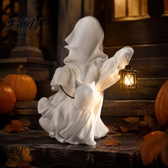 Gruselige saisonale Raumdekorationen Halloween-Geist mit Laterne & Laufende Katze Harzfigurine, Elegante kreative Figuren Heimdeko für Kaminsims