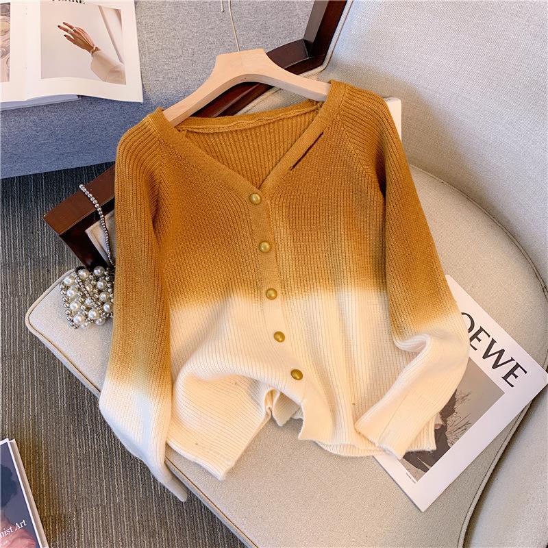 

Gentle wind gradual change color v-neck knitted cardigan women s autumn and winter senior sense outside with soft waxy coat sweater XL жёлтый
