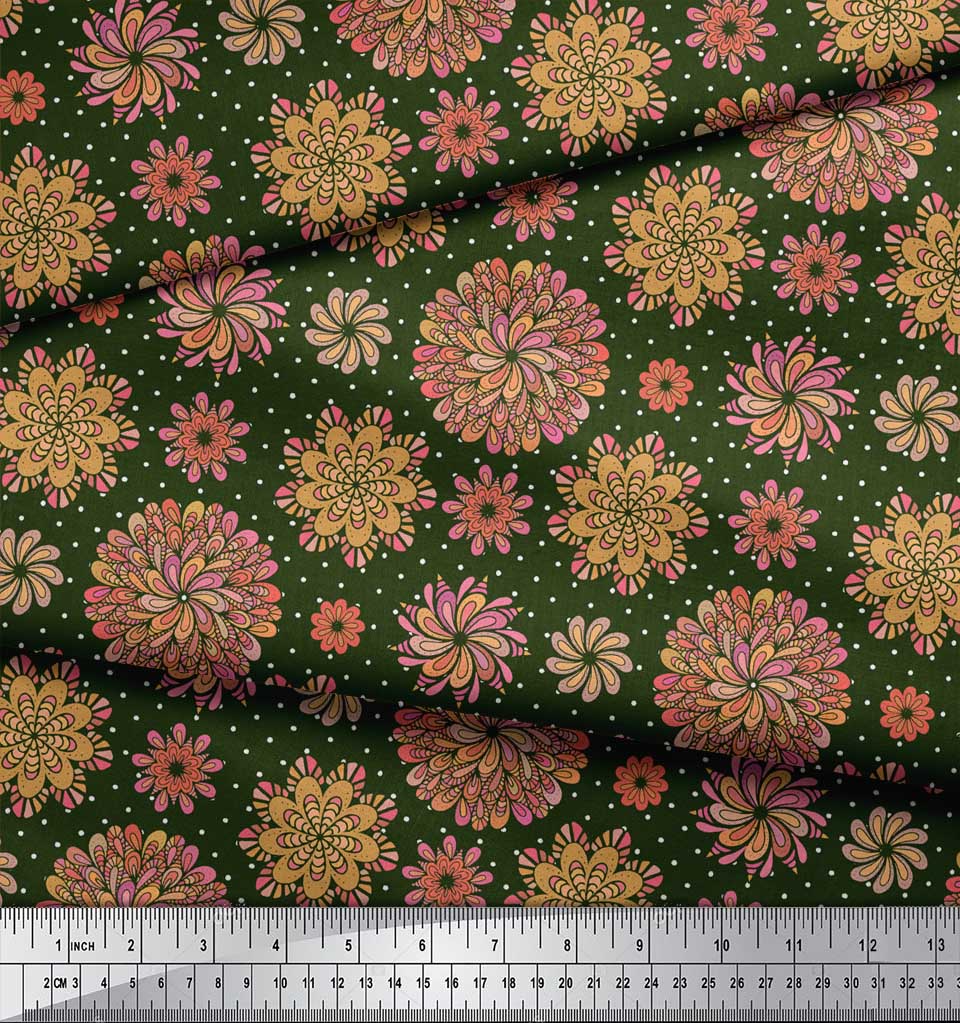 Soimoi Zelená japonská krepová saténová látka vícebarevný puntíkovaný mandala potisk látka na metr 42 palců