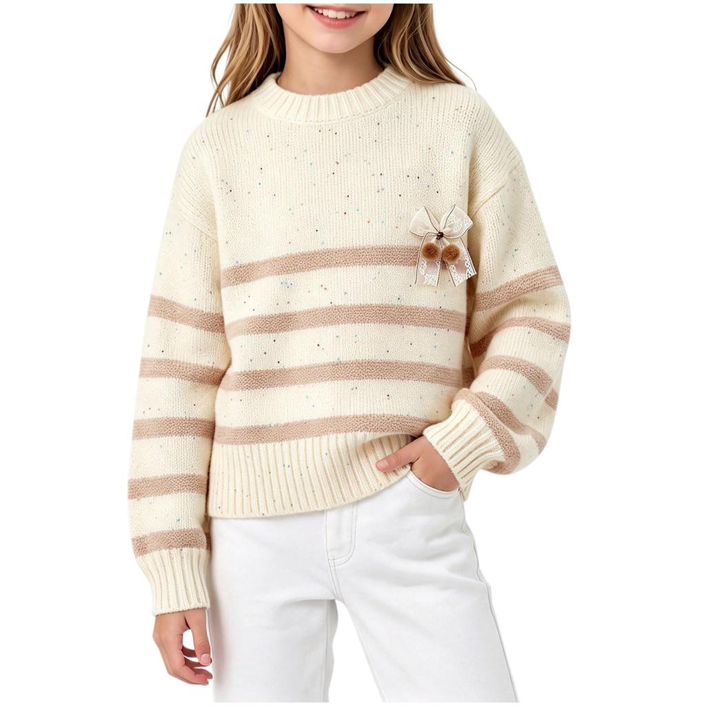 Kids Striped Knit Sweater Round Neck Pullover Top for Casual Everyday Wear
