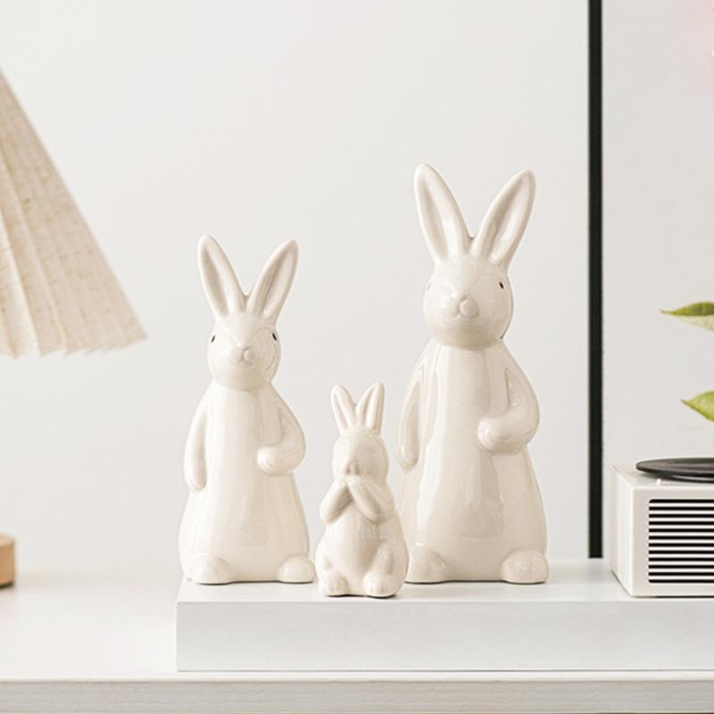 Handgefertigte Kaninchenskulptur, Weiße Keramik-Kaninchenfigur Großer Schreibtischakzent für Büro Outdoor Realistisches Kaninchenmodell