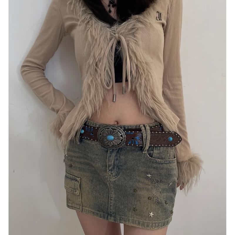 Vintage Bohemia Belt for Women Turquoise Embossed Buckle Decorative Belt Cowboy Belt for Female Cowgirl Jeans Waist Belt