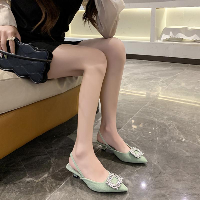 2024 New Summer Fashion Solid Color Women's High Heels Pointed Toe Rhinestone Decoration Casual Stiletto Women's High Heels