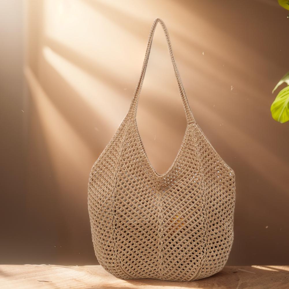 Women Knitting Shoulder Bag Large Capacity Hollow Woven Underarm Bag Solid Color Hand Knitted Tote Handbag Summer Mesh Beach Bag