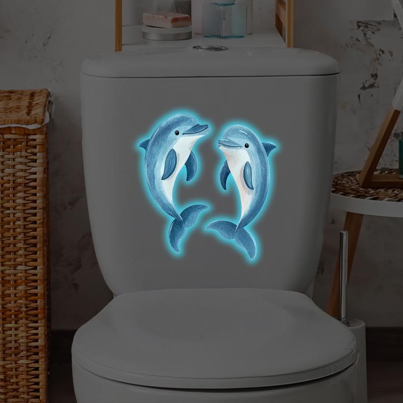 Blue Glow in The Dark Dolphin Toilet Decal Stickers Creative Bathroom Wall Art, Removable Waterproof Vinyl Decor for Home