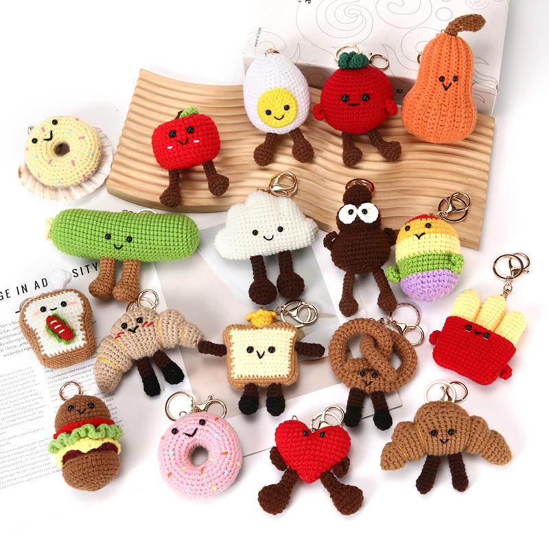 Funny Bread Doll Series Crochet Keychain Handmaking Crochet Hamburger Keyrings Creative Knitted Doll Gifts Knitting Keyrings